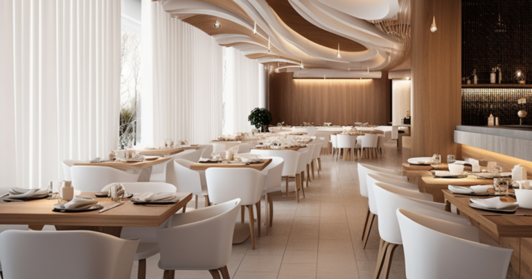 Salle à manger lumineuse, plafond travaillé, tables dressées - IA Unsplash